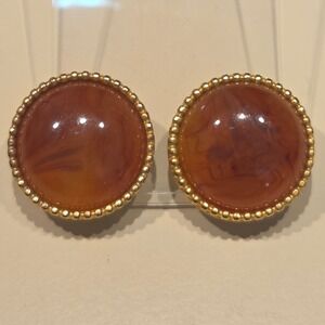 Vintage ELLEN DESIGNS Signed Acrylic Gold Tone Round Cabochon Clip On Earrings